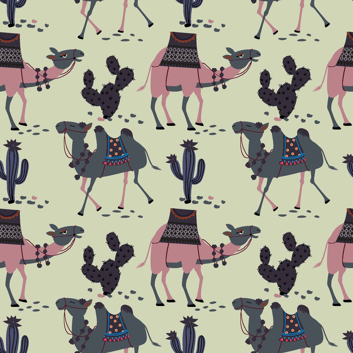 Stylized Desert Camel and Cactus Pattern - CC - 9794 - 1