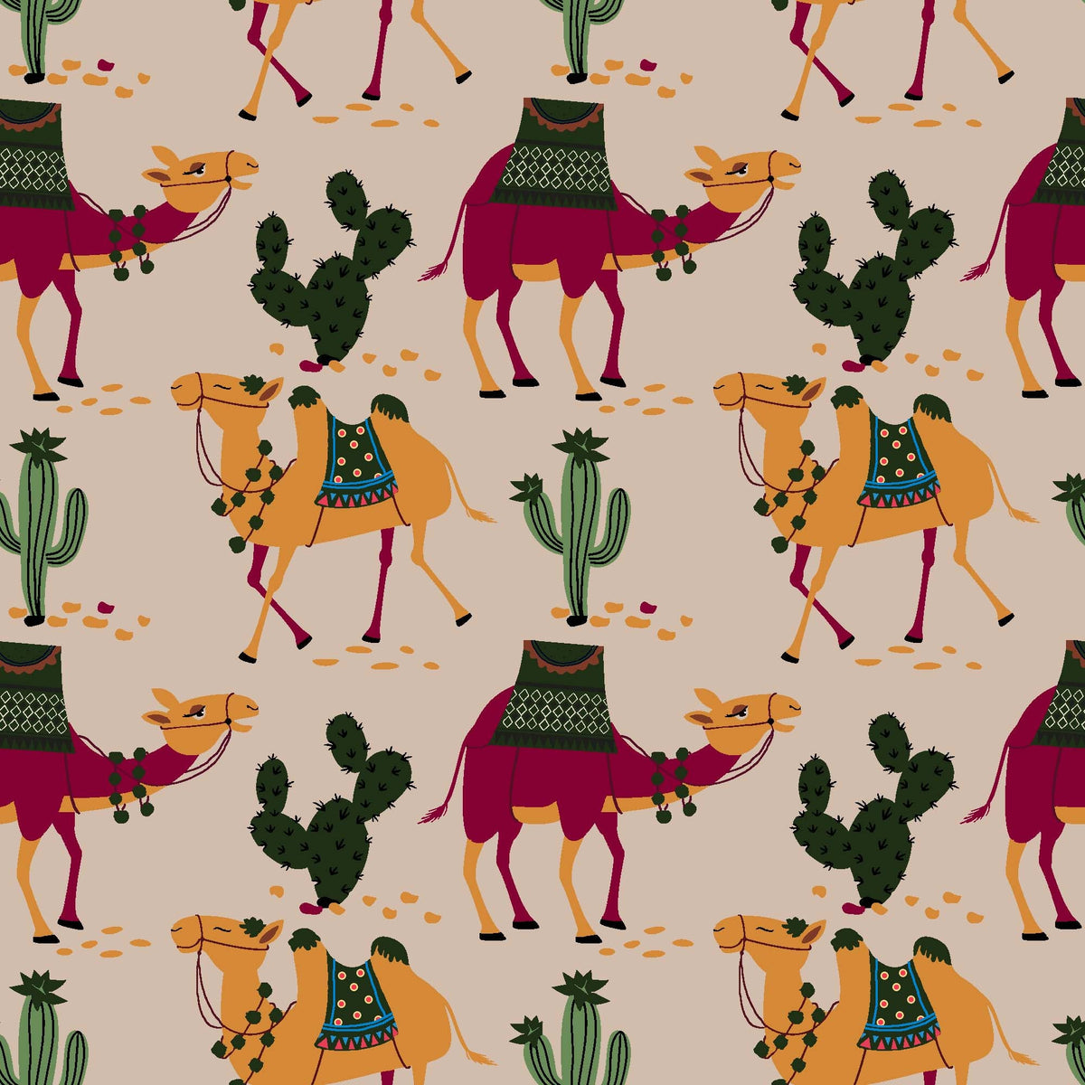 Stylized Desert Camel and Cactus Pattern - CC - 9794 - 3